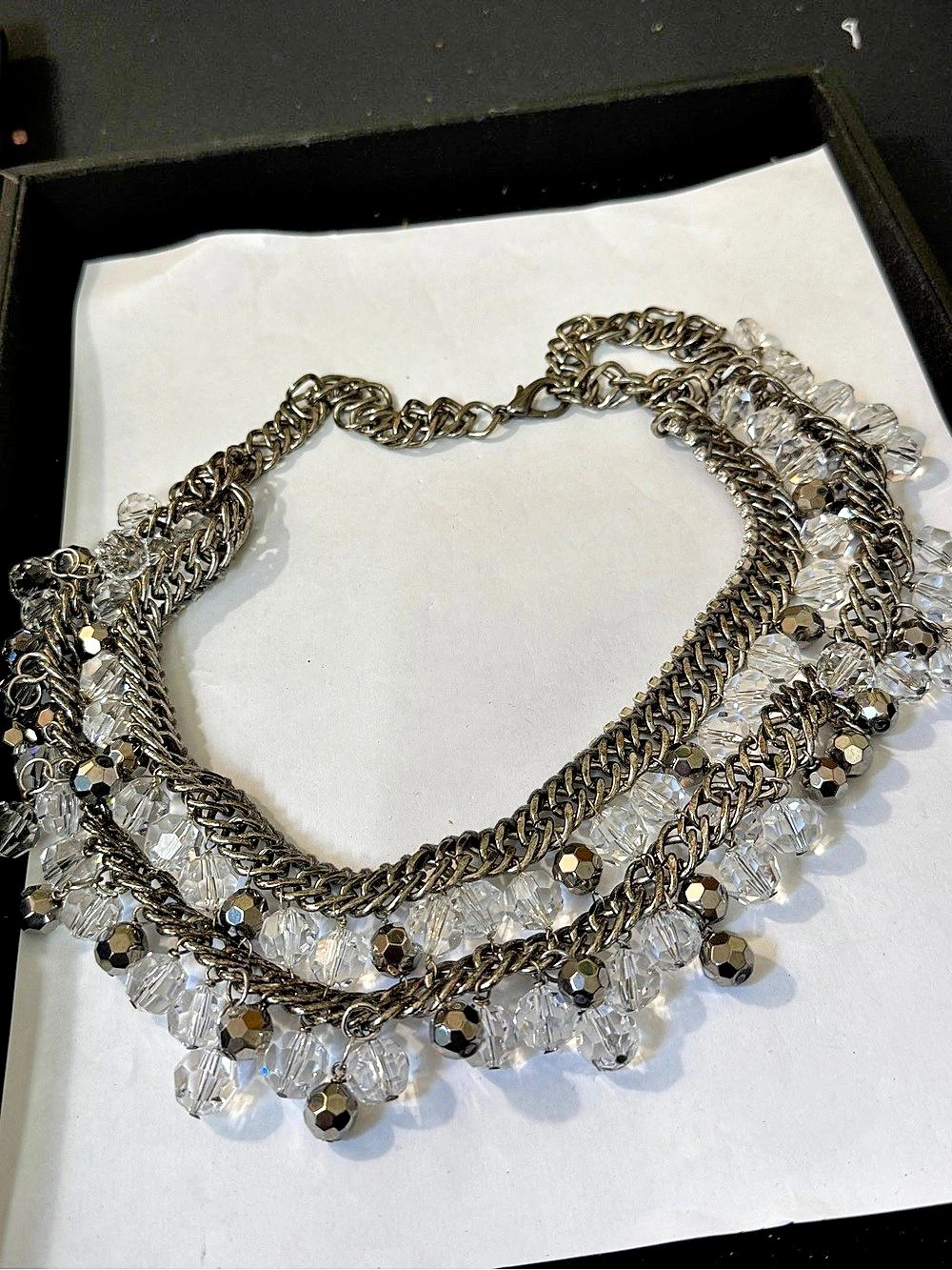 Layered Beaded Statement Necklace in Silver & Clear Like New